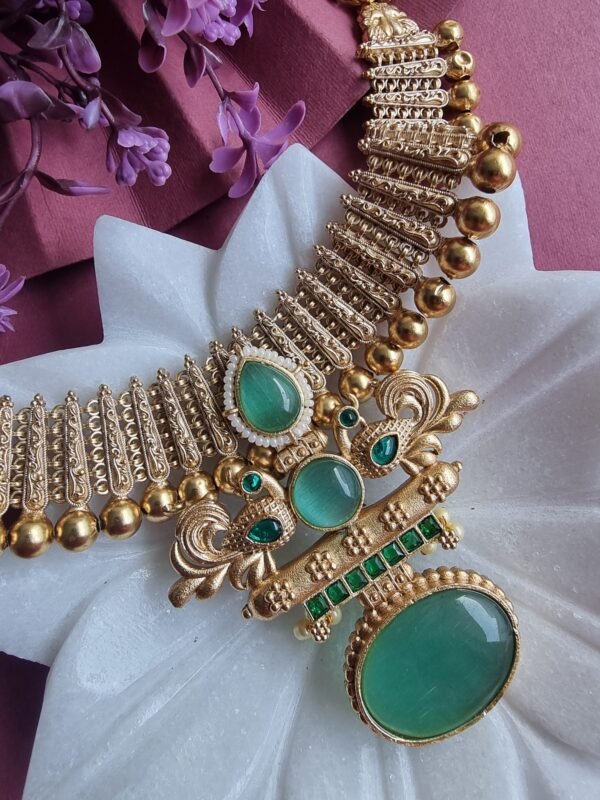 RAMYA 24 CARAT GOLD PLATED GREEN NECKLACE SET WITH EARRINGS - Image 3