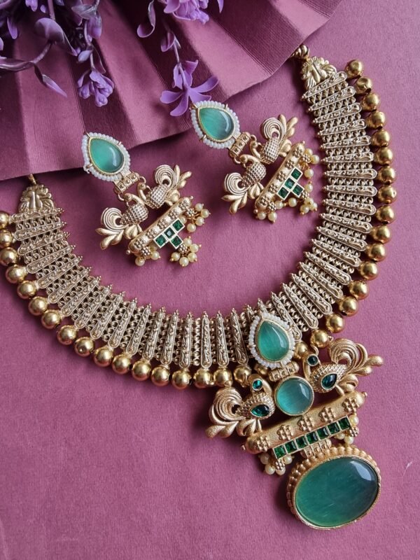 RAMYA 24 CARAT GOLD PLATED GREEN NECKLACE SET WITH EARRINGS - Image 5