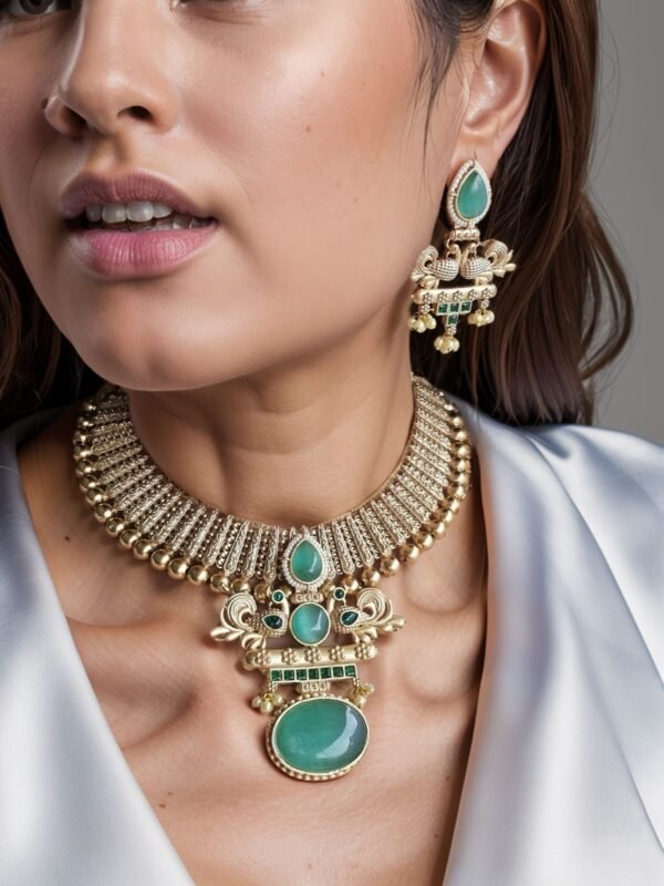 RAMYA 24 CARAT GOLD PLATED GREEN NECKLACE SET WITH EARRINGS
