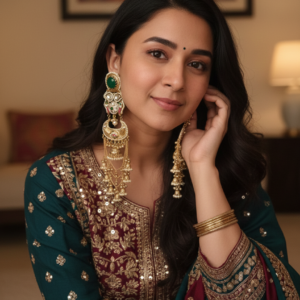 RASIYA GREEN DOUBLET STATEMENT KASHMIRI EARRINGS FOR WOMEN