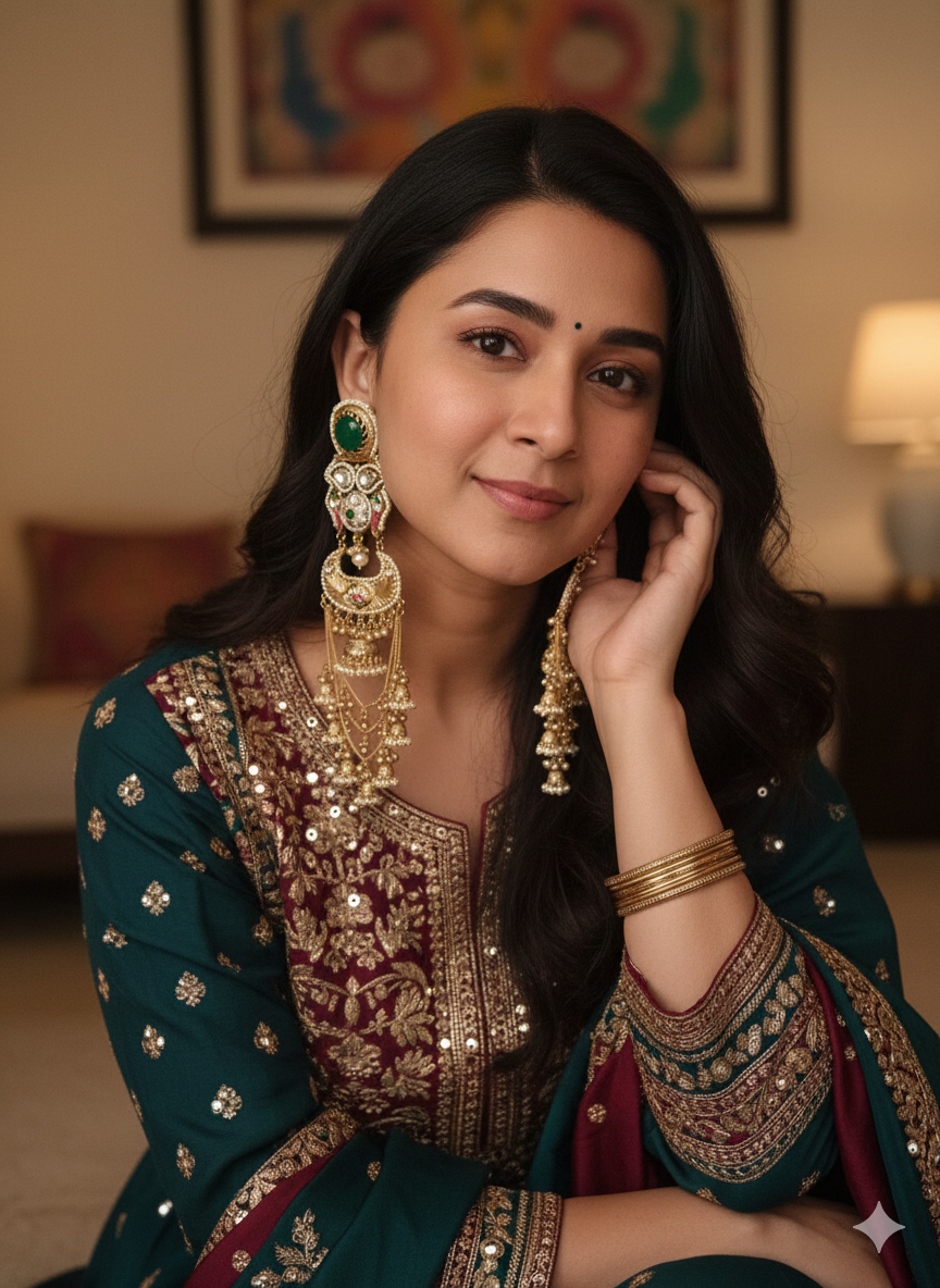 RASIYA GREEN DOUBLET STATEMENT KASHMIRI EARRINGS FOR WOMEN