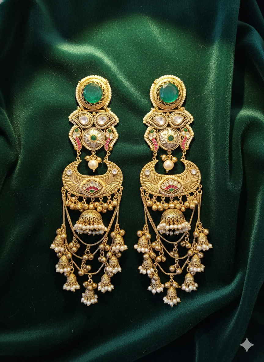 RASIYA GREEN DOUBLET STATEMENT KASHMIRI EARRINGS FOR WOMEN - Image 3