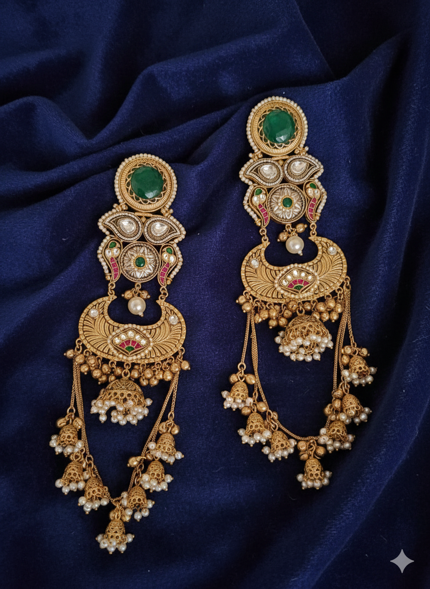RASIYA GREEN DOUBLET STATEMENT KASHMIRI EARRINGS FOR WOMEN - Image 4