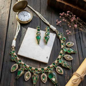 NIRALI NATURAL STONE GOLD PLATED GREEN NECKLACE WITH ARRINGS
