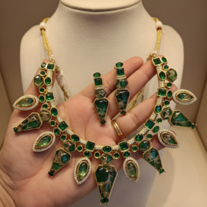 NIRALI NATURAL STONE GOLD PLATED GREEN NECKLACE WITH ARRINGS