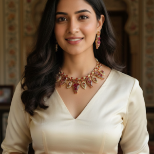 NIRALI NATURAL STONE GOLD PLATED  RED NECKLACE WITH ARRINGS