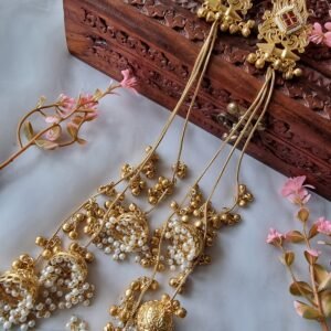 PARVATI LONG GOLD PLATED RED WHITE KASHMIRI GHOONGROO EARRINGS