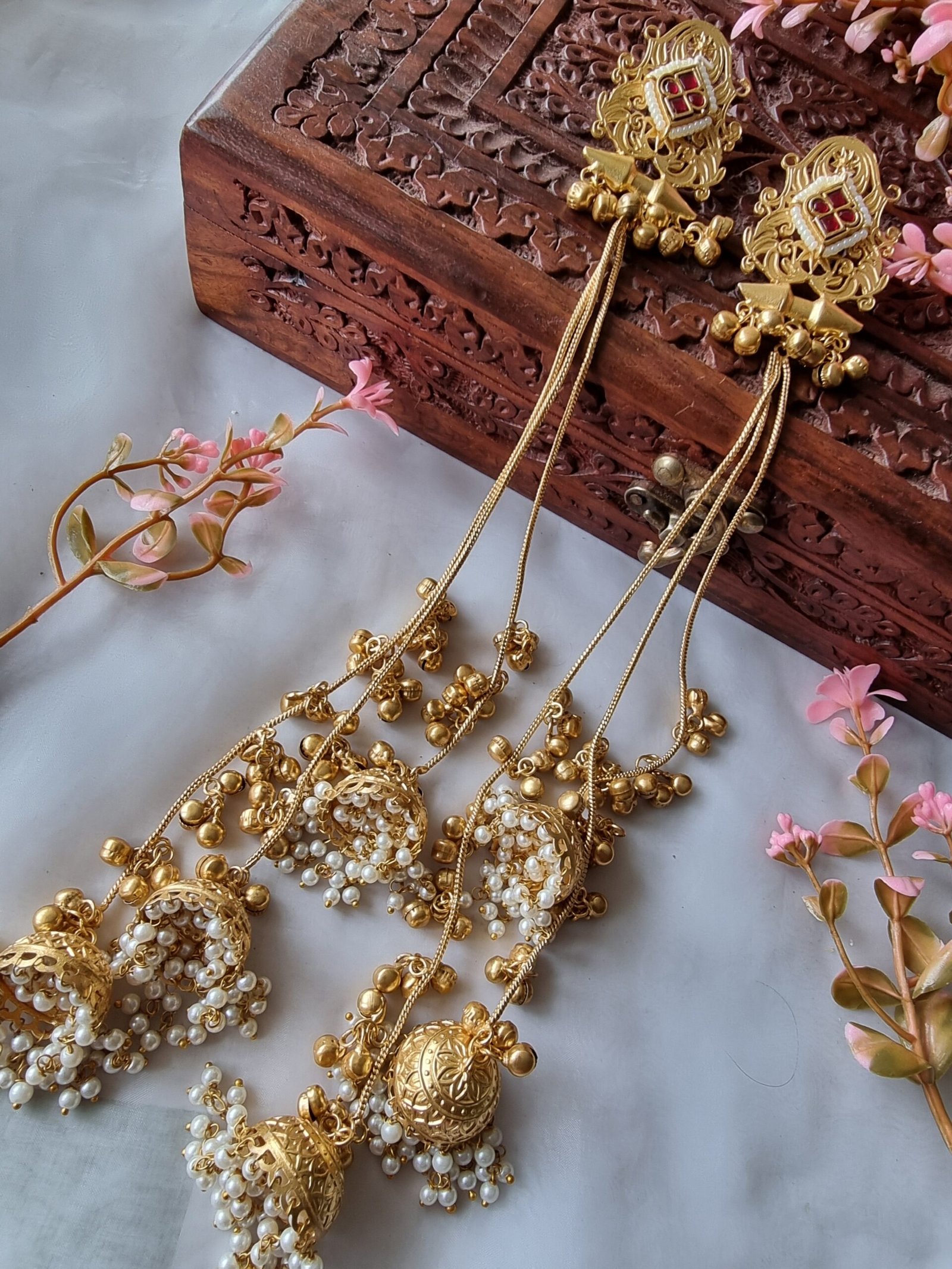 PARVATI LONG GOLD PLATED RED WHITE KASHMIRI GHOONGROO EARRINGS