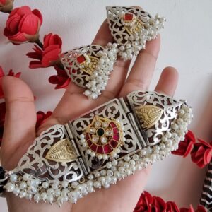 White Beads Work Oxidised Dual Choker For Women