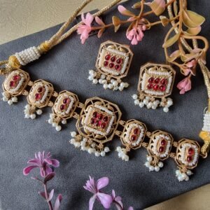 ANAHIRA GOLD PLATED RED KEMP STONE CHOKER SET WITH EARRINGS